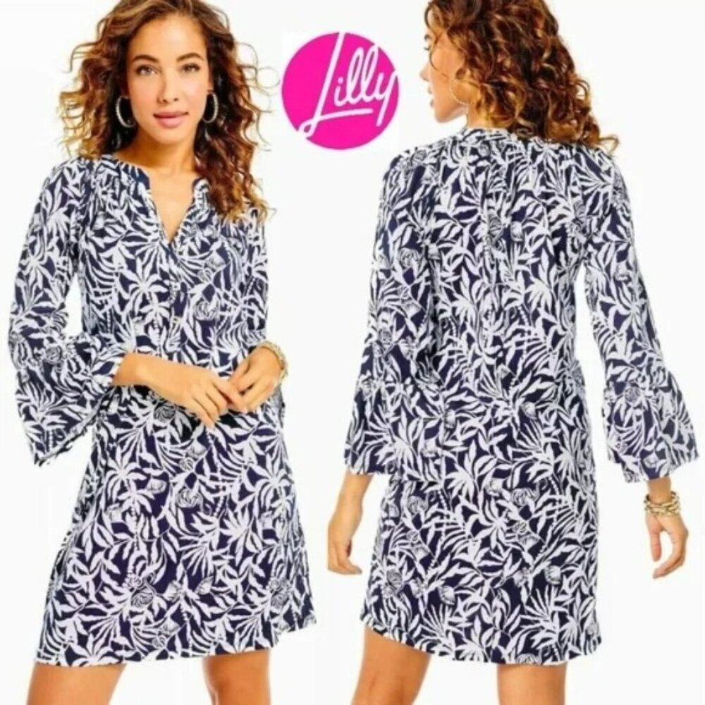 Lilly Pulitzer Norris 3/4 Sleeve Dress Low Tide Navy Flocking to Paradise Sz XS